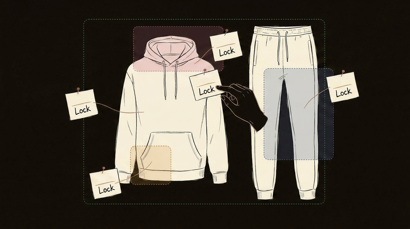A hoodie and joggers flat with Lock tags pinned to the silhouette, neckline, pocket and leg detail