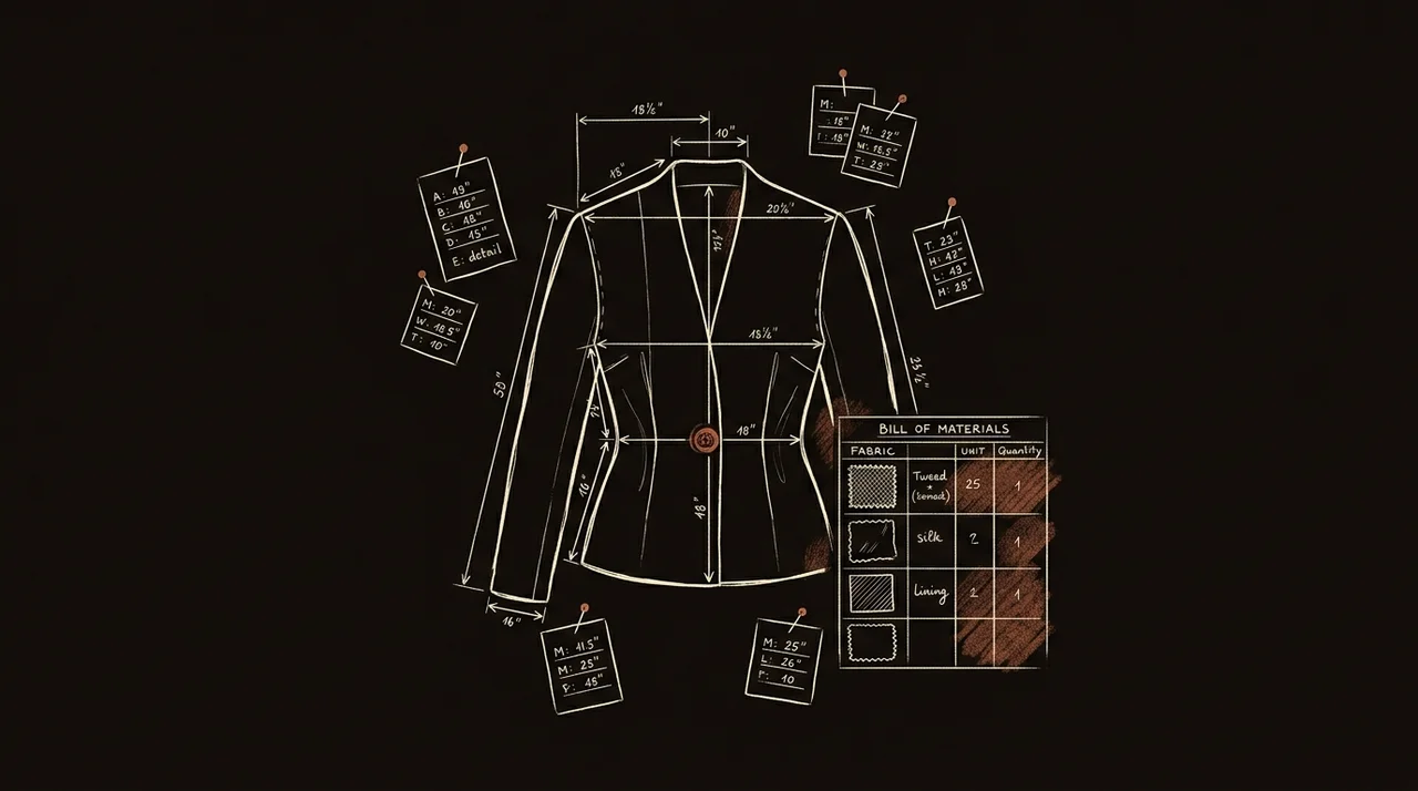 Garment flat with measurement callouts and a bill of materials