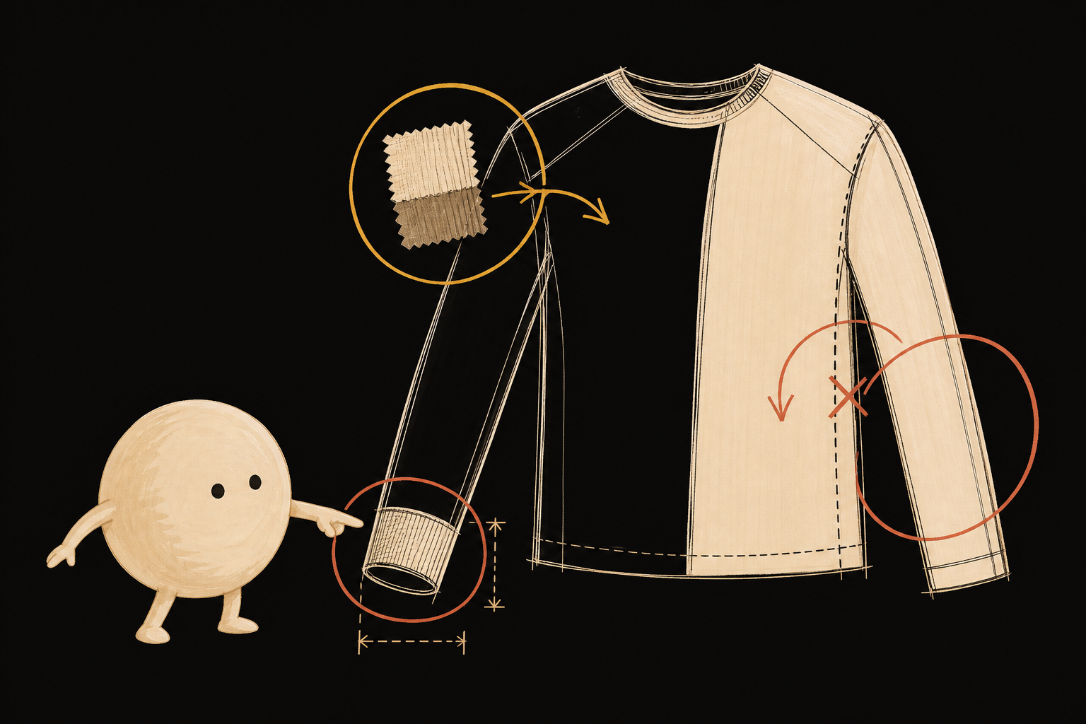 Cream mascot inspecting a technical garment flat with marker callouts around a missing cuff measurement, a fabric change and a conflicting construction line